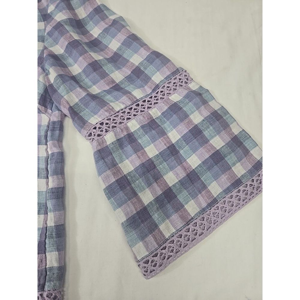 Chicos Size 2 Shirt Blue Plaid Linen Blouse V-Neck Loose‎ Bell Sleeve Womens L - Picture 4 of 7